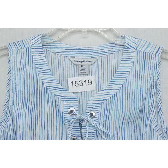 Tommy Bahama Top Beachy Women Small Blue Sleeveless Linen Lace Up Shirt Stripes - Picture 7 of 7